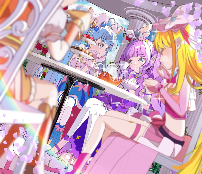 1boy 3girls ahoge aqua_eyes artist_request blonde_hair blue_dress blue_eyes blue_hair closed_eyes cup cure_butterfly cure_majesty cure_sky cure_wing dress drinking earrings elbow_gloves ellee-chan eyelashes gloves gradient_hair hair_ornament happy highres hijiri_ageha hirogaru_sky!_precure holding holding_cup jewelry long_hair looking_at_another magical_girl midriff multicolored_hair multiple_girls orange_hair pink_hair pink_skirt precure puffy_short_sleeves puffy_sleeves purple_dress purple_hair shoes short_sleeves sitting skirt smile sora_harewataru source_request streaked_hair tea teacup thigh-highs thighs twintails two-tone_hair very_long_hair white_thighhighs yuunagi_tsubasa