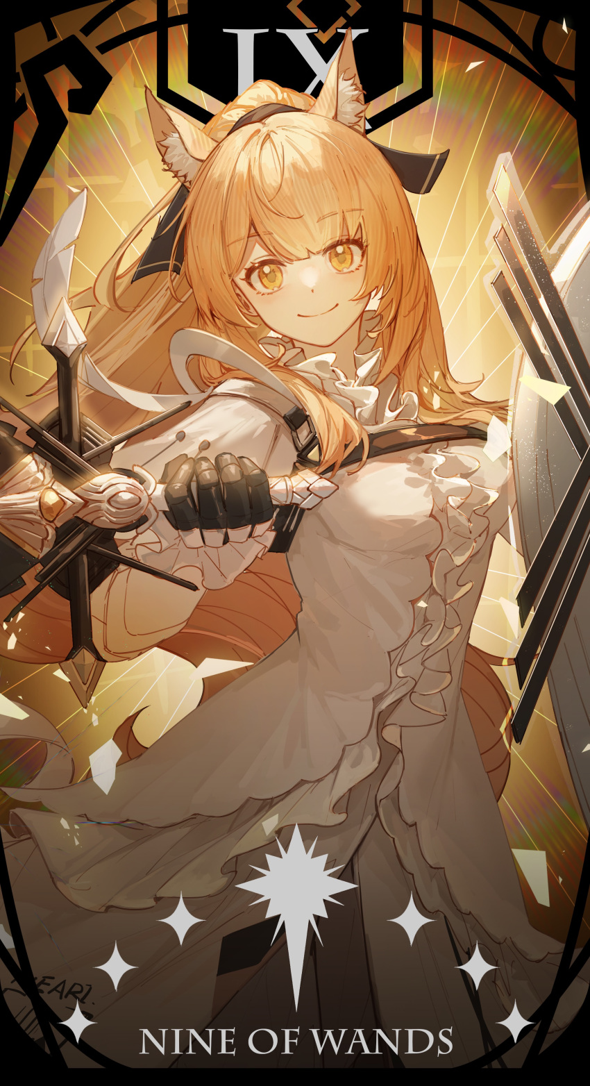1girl absurdres animal_ear_fluff animal_ears arknights black_gloves blemishine_(arknights) blemishine_(elite_ii)_(arknights) blonde_hair center_frills closed_mouth cowboy_shot dress frills gloves highres holding holding_sword holding_weapon horse_ears horse_girl kotatsu_kaya long_hair long_sleeves looking_at_viewer orange_eyes ponytail roman_numeral shield smile solo sword tarot_(card) very_long_hair weapon white_dress
