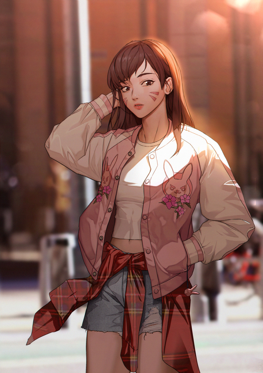 blurry blurry_background brown_eyes brown_hair casual coa_(u6u612) d.va_(overwatch) day facial_mark hand_in_pocket hand_on_own_head highres jacket lips long_hair long_sleeves looking_at_viewer open_clothes open_jacket outdoors overwatch shirt shorts standing white_shirt