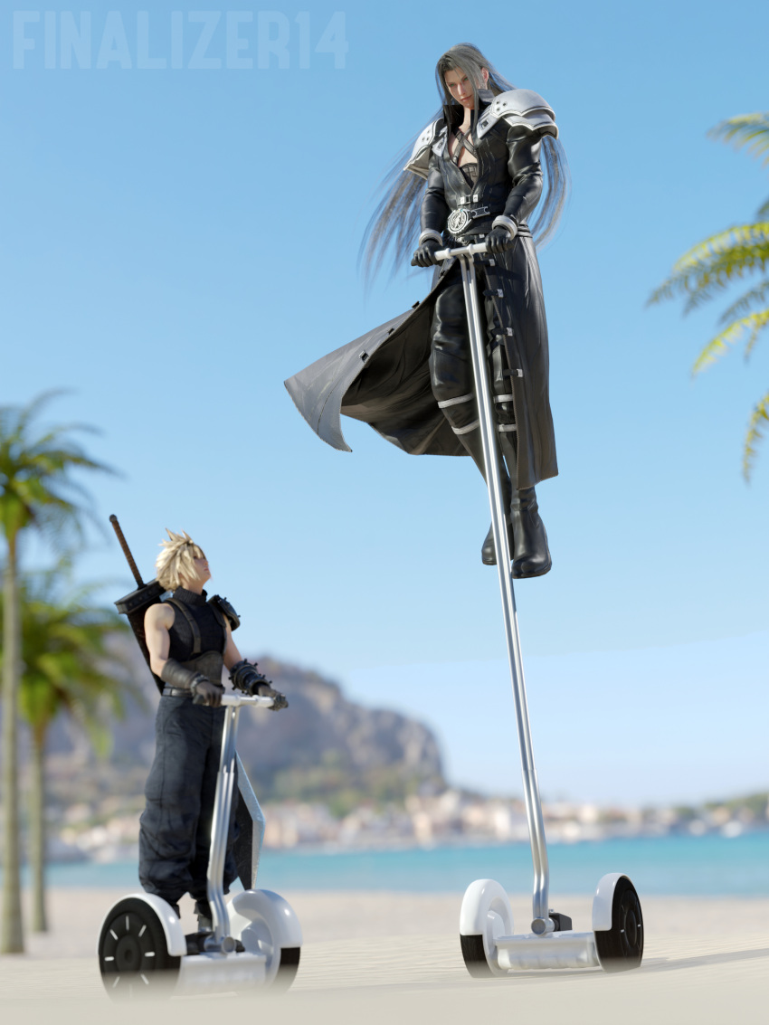 2boys 3d absurdres armor artist_name beach belt black_footwear black_gloves blender_(medium) blonde_hair blue_sky blurry blurry_background boots buster_sword clear_sky cloud_strife final_fantasy final_fantasy_vii final_fantasy_vii_rebirth final_fantasy_vii_remake gloves grey_hair highres jacket long_hair looking_at_another looking_up male_focus mountainous_horizon multiple_boys nautilic outdoors palm_tree parted_bangs segway sephiroth shirt short_hair shoulder_armor sky sleeveless sleeveless_shirt smile spiky_hair tree watermark