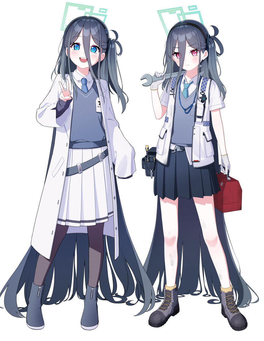 &lt;key&gt;_(blue_archive) 2girls absurdly_long_hair absurdres alternate_costume aris_(blue_archive) black_hairband blue_archive blue_hair blue_necktie blush collared_shirt commentary_request cosplay dark_blue_hair full_body gloves green_halo grey_gloves hair_between_eyes hairband halo highres jacket lab_coat long_bangs long_hair long_sleeves looking_at_viewer millennium_science_school_student_(blue_archive) millennium_science_school_student_(blue_archive)_(cosplay) multiple_girls necktie one_side_up open_mouth pantyhose pleated_skirt ringed_eyes school_uniform shirt siblings sidelocks simple_background skirt standing supersugar sweater toolbox twins v very_long_hair white_background wrench