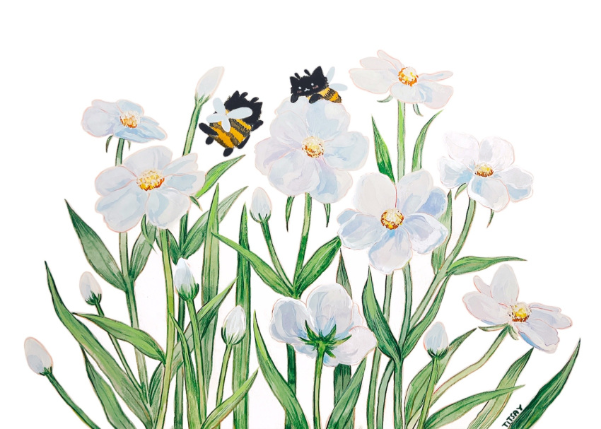 1boy 1girl animal animal_focus bee bug cat english_commentary flower flower_focus grass highres insect_wings nature no_humans original painting_(medium) simple_background smile titsay traditional_media watercolor_(medium) white_background white_flower wings