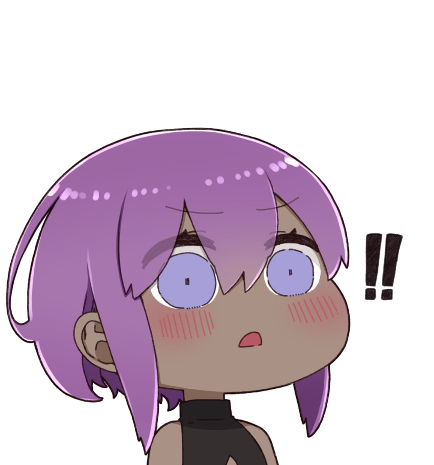 ! !! 1girl bare_shoulders black_shirt blush chibi dark-skinned_female dark_skin fate/prototype fate/prototype:_fragments_of_blue_and_silver fate_(series) hair_between_eyes hassan_of_serenity_(fate) highres i.u.y parted_lips purple_hair shirt simple_background sleeveless sleeveless_shirt solo upper_body violet_eyes white_background