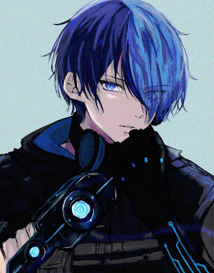 1boy aoyagi_touya blue_hair close_game/offline_(project_sekai) commentary_request dark_blue_hair eyes_visible_through_hair gun hair_over_one_eye highres holding holding_gun holding_weapon looking_at_viewer male_focus maruto_ya mask mask_removed multicolored_hair official_alternate_costume official_alternate_hairstyle one_eye_covered parted_lips project_sekai short_hair simple_background solo split-color_hair two-tone_hair upper_body weapon