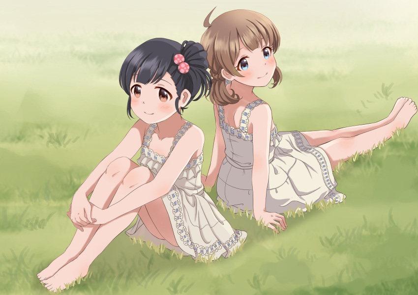 2girls ahoge arm_support bare_legs barefoot black_hair blue_eyes blush brown_eyes brown_hair child collarbone commentary dress flat_chest frilled_dress frills hair_bobbles hair_ornament highres hugging_own_legs idolmaster idolmaster_million_live! idolmaster_million_live!_theater_days lace-trimmed_dress lace_trim legs looking_at_viewer low_twintails multiple_girls nakatani_iku official_alternate_hairstyle on_grass sitting smile suou_momoko thighs twintails white_dress yukiho_kotori