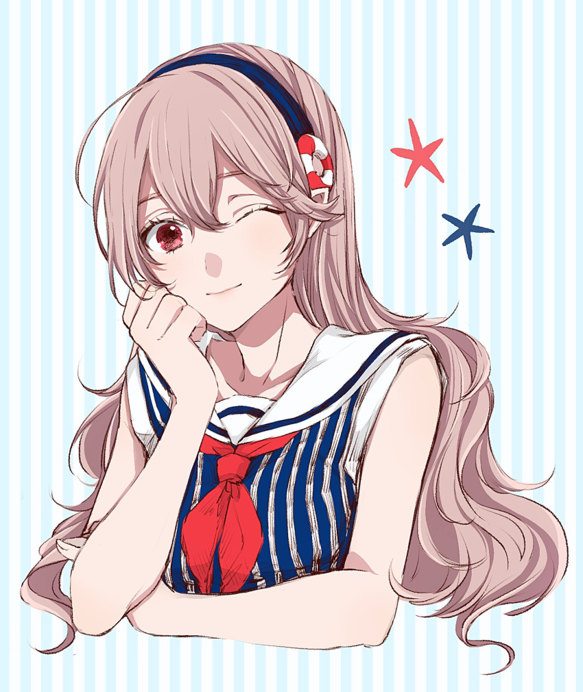 1girl ;) alternate_costume closed_mouth corrin_(female)_(fire_emblem) corrin_(fire_emblem) dress fire_emblem fire_emblem_fates hair_between_eyes hairband hand_on_own_face highres light_smile looking_at_viewer one_eye_closed pink_hair red_eyes roroichi simple_background smile striped striped_background striped_dress upper_body
