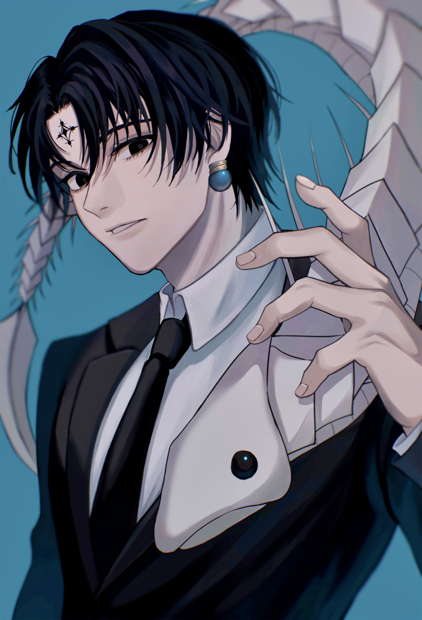 1boy absurdres aqua_background black_eyes black_hair black_jacket black_necktie blurry chrollo_lucilfer collared_shirt commentary cross_tattoo depth_of_field earrings facial_tattoo fingernails forehead_tattoo formal hair_between_eyes hand_up highres hunter_x_hunter indoor_fish jacket jewelry long_sleeves looking_at_viewer male_focus necktie nen_(hunter_x_hunter) parted_bangs parted_lips shirt short_hair simple_background solo_focus suit tattoo upper_body white_shirt yohane_(yohane007)