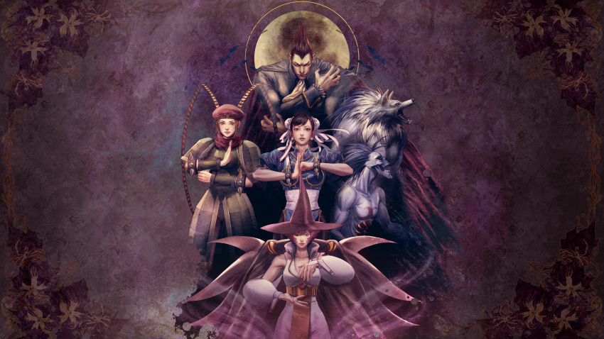 2022 3boys 3girls absurdres animal_ears armor armored_dress armored_skirt ascot beret blue_skin bracelet brown_hair capcom capcom_fighting_collection cape chest_mouth chinese_clothes chun-li collarbone colored_skin crossover demitri_maximoff double_bun fangs feather_hair_ornament feathers fighting_stance formal gallon_(vampire) glowing glowing_eyes green_armor hair_bun hair_ornament hat highres hinanana jewelry kung_fu looking_at_viewer magician monster monster_boy multiple_boys multiple_girls muscular muscular_male non-web_source official_art open_mouth pointy_ears puffy_sleeves red_eyes smile smug spiked_bracelet spikes street_fighter suit tabasa tao_(warzard) teeth vampire vampire_(game) warzard werewolf witch witch_hat wolf_boy zabel_zarock zombie