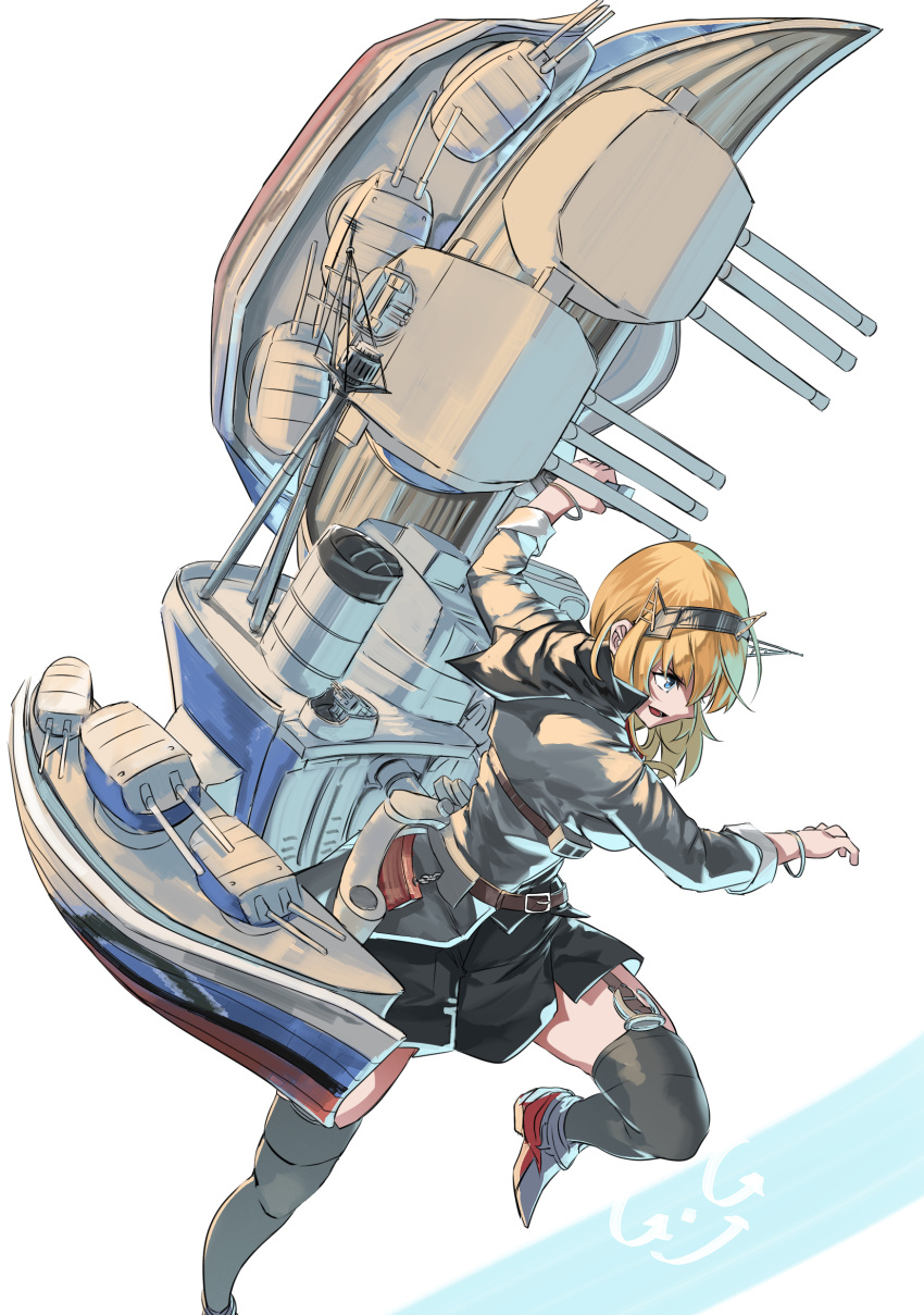 1girl bangle black_skirt black_thighhighs blonde_hair blue_eyes bracelet breasts garter_straps gegeron grey_jacket hair_between_eyes headgear highres holding jacket jewelry kantai_collection leg_up long_sleeves open_mouth rigging rodney_(kancolle) simple_background skirt solo thigh-highs turret