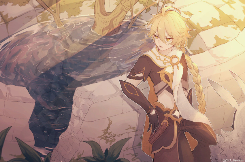 1boy aether_(genshin_impact) ahoge arm_armor artist_name baggy_pants belt black_gloves blonde_hair braid branch brown_belt brown_pants brown_shirt earrings genshin_impact gloves gold_trim hair_between_eyes highres jewelry lake leaf long_hair looking_to_the_side male_focus mi_gensin open_mouth orange_eyes outdoors pants reflection rock scarf shadow shirt short_sleeves single_earring solo standing star_(symbol) sunlight teeth tongue tree water white_scarf