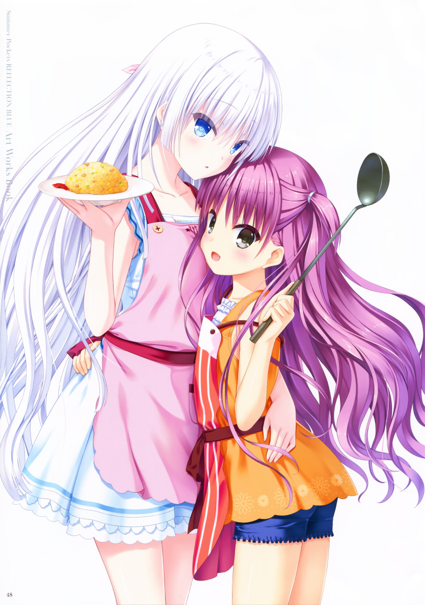 2girls :d absurdres apron arm_around_waist blue_eyes blue_shorts blunt_ends blush child collarbone cowboy_shot floating_hair food fried_rice frilled_skirt frills grey_eyes hair_ornament hand_up highres holding holding_ladle holding_plate hug katou_umi ladle long_hair looking_at_viewer miniskirt multiple_girls na-ga naruse_shiroha official_art omelet omurice one_side_up open_mouth orange_shirt parted_lips pink_apron plate purple_hair red_apron scan shirt short_shorts shorts sidelocks simple_background skirt sleeveless sleeveless_shirt smile standing striped summer_pockets vertical_stripes very_long_hair white_background white_hair white_shirt white_skirt