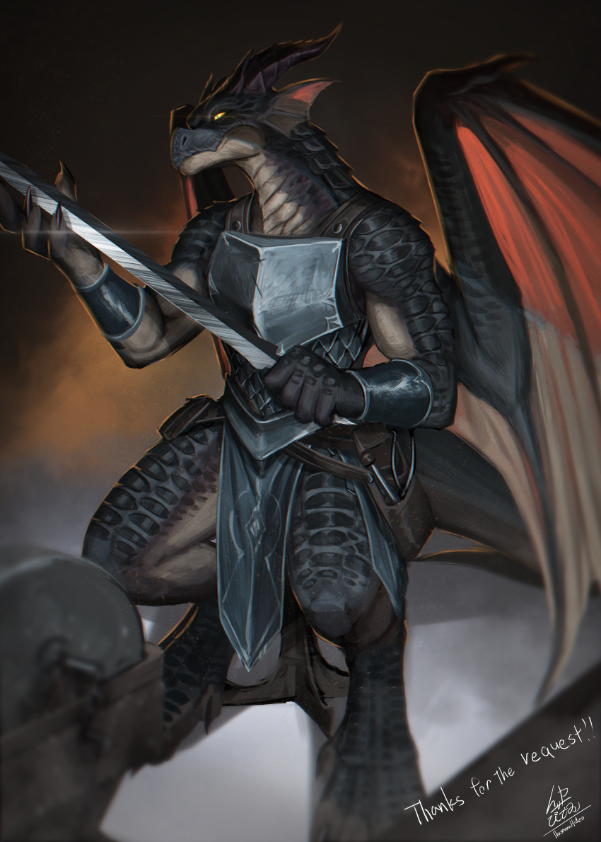1other absurdres armor artist_name blurry blurry_foreground bracer breastplate caliper commission dragon fantasy grindstone highres holding holding_sword holding_weapon ikasamahideo pixiv_commission pouch sword weapon western_dragon wings yellow_eyes