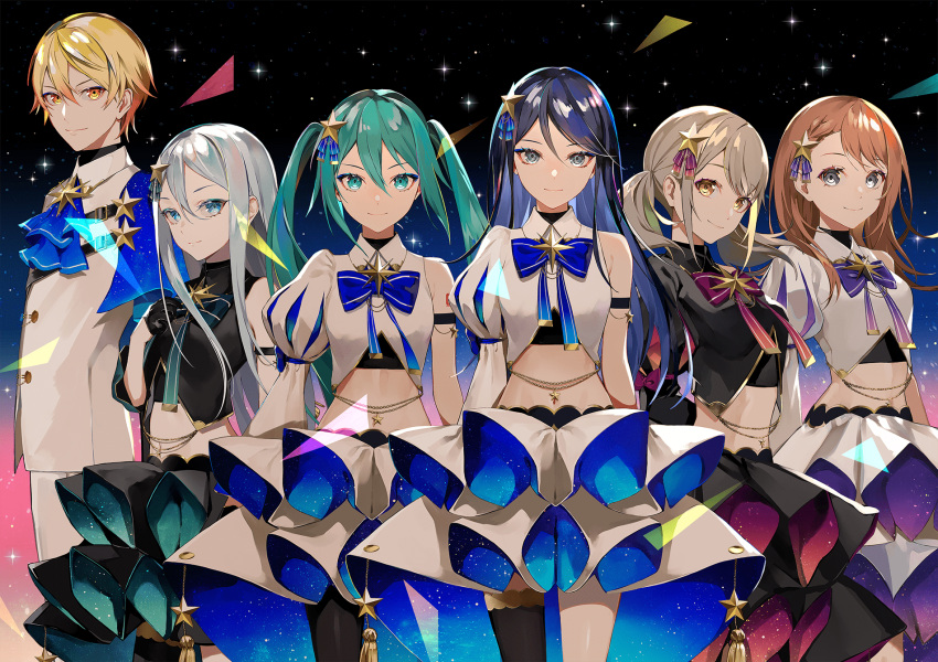 1boy 5girls aqua_eyes aqua_eyeshadow aqua_hair aqua_skirt armband armpit_crease arms_at_sides ascot azusawa_kohane bad_link belly_chain belt belt_buckle black_armband black_background black_belt black_gloves black_hair black_skirt black_thighhighs blonde_hair blue_ascot blue_background blue_bow blue_capelet blue_eyes blue_eyeshadow blue_ribbon blue_skirt bow braid breasts brooch brown_hair bubble_skirt buckle buttons capelet chest_belt closed_mouth collared_jacket colored_tips cowboy_shot crop_top dot_nose double_horizontal_stripe eyelashes eyeshadow flat_chest front_slit glint gloves gold_trim gradient_background gradient_hair grey_eyes grey_hair hair_between_eyes hair_bow hair_ornament half_gloves hanasato_minori hand_on_own_chest hand_up happy hatsune_miku head_tilt height_difference high-low_skirt highres hoshino_ichika_(project_sekai) jacket jewelry juliet_sleeves lam_(ramdayo) layered_skirt lens_flare light_brown_hair light_particles lineup long_hair long_sleeves looking_at_viewer makeup medium_hair midriff multicolored_background multicolored_hair multiple_girls neck_ribbon official_alternate_costume official_art orange_eyes orange_hair pants pink_background pink_bow pink_ribbon pink_skirt project_sekai puffy_sleeves purple_bow purple_eyeshadow purple_ribbon purple_skirt ribbon ringed_eyes short_twintails shoulder_tattoo sidelocks simple_background single_bare_arm single_bare_leg single_horizontal_stripe single_sleeve single_thighhigh skirt sleeve_bow small_breasts smile standing star_(symbol) star_brooch star_hair_ornament starry_sky_print straight_hair striped striped_bow striped_ribbon swept_bangs tareme tassel tattoo tenma_tsukasa thigh-highs toggles triangle tsurime twintails two-sided_fabric two-sided_skirt vertical-striped_bow vertical_stripes very_long_hair vocaloid white_jacket white_pants white_skirt yellow_background yellow_eyes yoisaki_kanade
