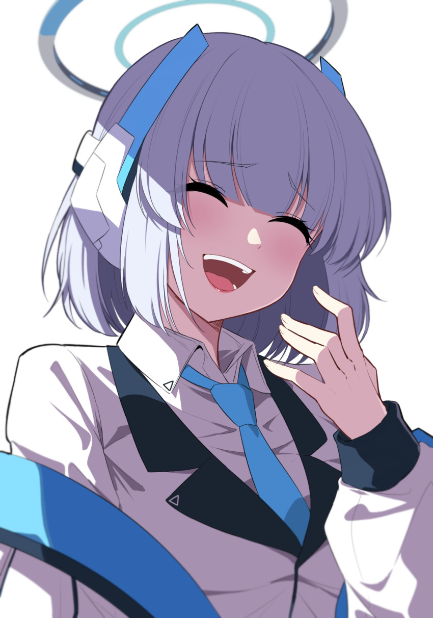 1girl blue_archive blue_necktie collared_shirt grey_hair halo highres jacket long_sleeves mechanical_halo necktie noa_(blue_archive) open_mouth reia_76 shirt short_hair simple_background solo upper_body white_background white_jacket white_shirt