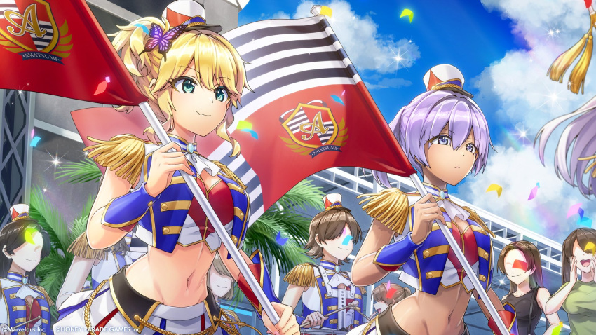 2girls blonde_hair blue_sky clouds commentary_request confetti dark-skinned_female dark_skin dolphin_wave drum drum_set faceless faceless_female fang fang_out flag green_eyes hat highres holding holding_flag instrument izumi_kiri marching_band multiple_girls navel official_art ootomo_takuji pleated_skirt ponytail purple_hair shako_cap skirt sky souma_hayate violet_eyes wrist_cuffs