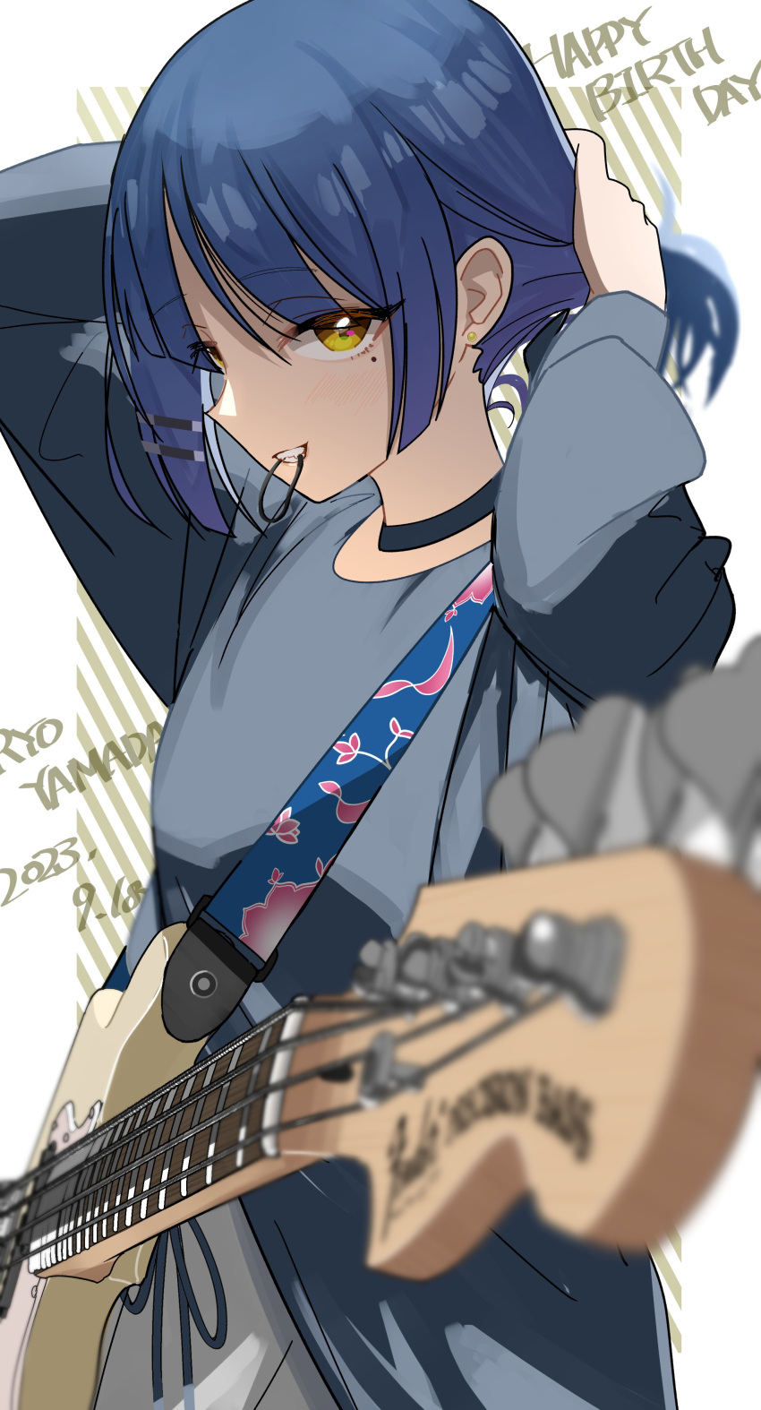 1girl absurdres adjusting_hair black_choker black_shirt blue_hair blurry bocchi_the_rock! breasts character_name choker dated depth_of_field electric_guitar groin guitar happy_birthday highres instant_(ioarthus) instrument long_sleeves mole mole_under_eye mouth_hold shirt short_hair sketch small_breasts solo underwear yamada_ryo yellow_eyes