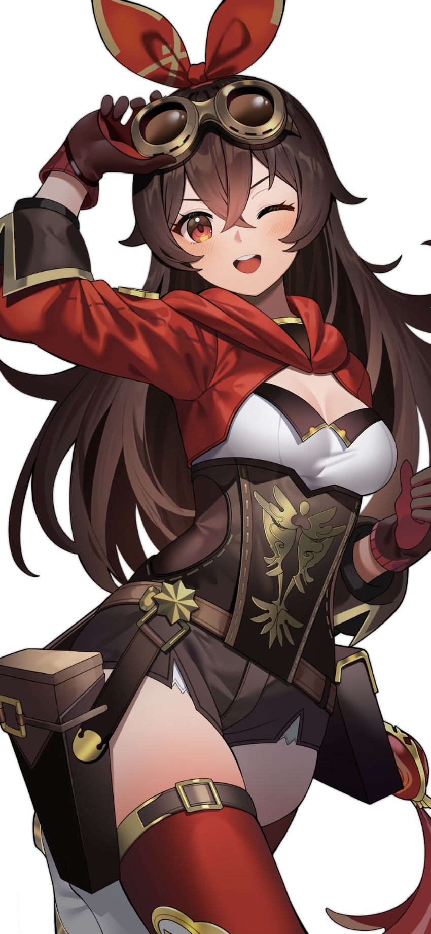1girl ;d absurdres amber_(genshin_impact) arm_up black_shorts bow bow_hairband breasts brown_eyes brown_hair genshin_impact gloves goggles goggles_on_head hair_between_eyes hair_bow hairband highres long_hair long_sleeves looking_at_viewer medium_breasts one_eye_closed red_bow red_gloves red_hairband red_thighhighs short_shorts shorts shrug_(clothing) simple_background smile solo teeth thigh-highs upper_teeth_only white_background yuujin_(yuzinn333)