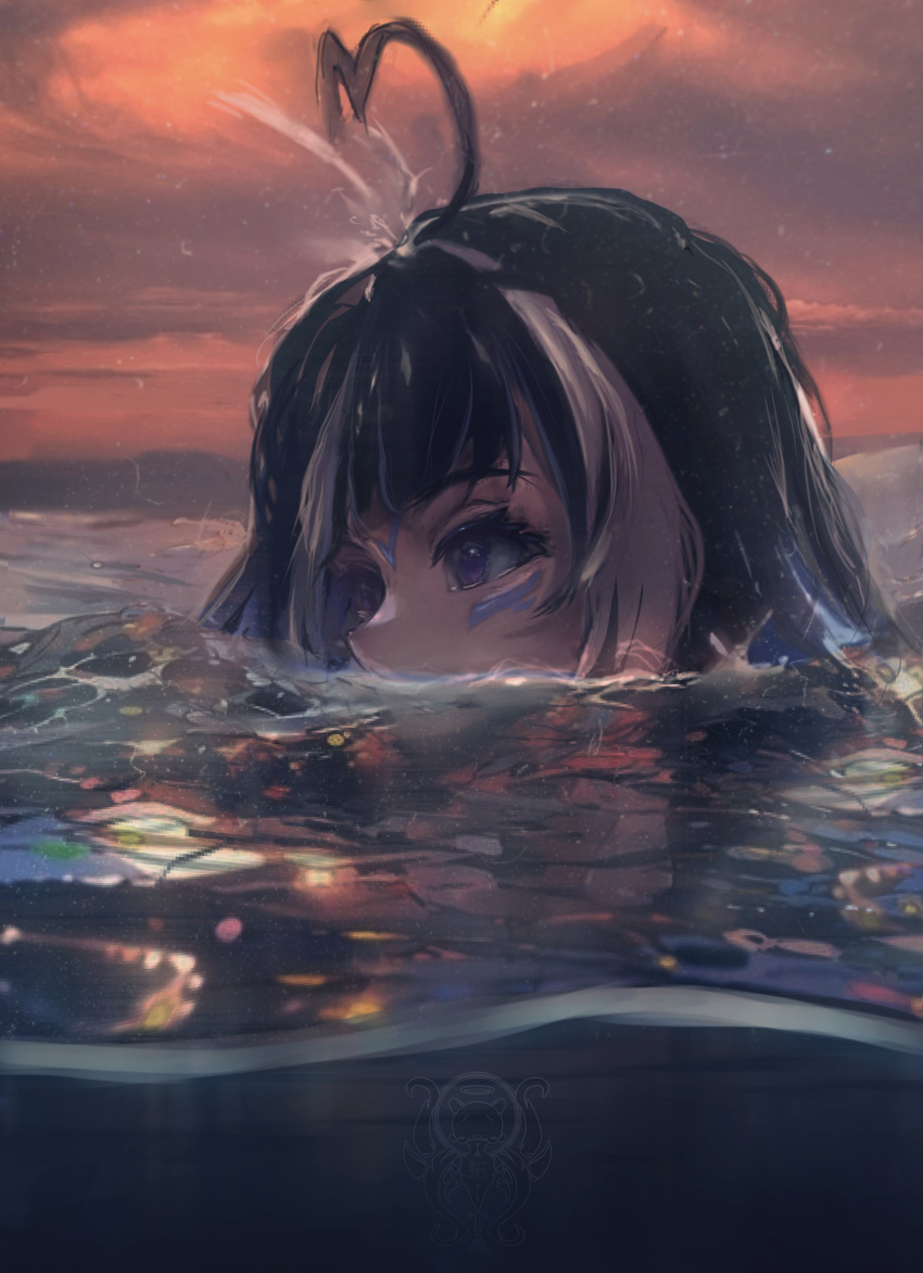 1girl absurdres afloat ahoge animal_ears black_hair blowhole clouds cloudy_sky commentary dusk english_commentary facial_mark from_side highres indie_virtual_youtuber looking_to_the_side multicolored_hair ocean orange_sky orca_girl outdoors partially_submerged partially_underwater_shot peeking_out portrait reflection reflective_water shylily sky solo streaked_hair taku_artworks two-tone_hair violet_eyes virtual_youtuber water watermark white_hair