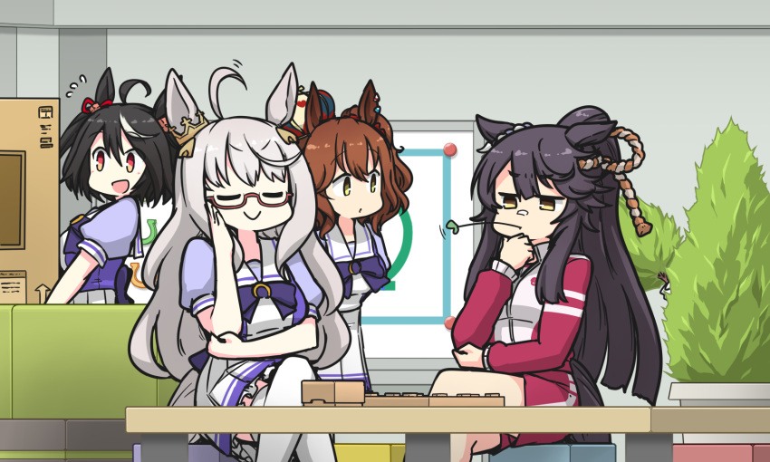 4girls :d =_= ahoge animal_ears aston_machan_(umamusume) bandaid bandaid_on_face bandaid_on_nose biwa_hayahide_(umamusume) black_hair board_game bob_cut bow bowtie box crossed_legs crown ear_ornament ear_ribbon flower_ornament frilled_skirt frills glasses hamu_koutarou highres holding holding_box horse_ears horse_girl horse_tail jacket kitasan_black_(umamusume) long_hair mini_crown mouth_hold multicolored_hair multiple_girls narita_brian_(umamusume) pants pleated_skirt ponytail puffy_short_sleeves puffy_sleeves purple_bow purple_bowtie purple_serafuku purple_shirt red-framed_eyewear red_eyes red_jacket red_ribbon red_shorts red_track_suit ribbon rope sailor_collar sailor_shirt school_uniform semi-rimless_eyewear serafuku shimenawa shirt shogi short_hair short_sleeves shorts sitting skirt smile stalk_in_mouth streaked_hair tail thigh-highs tracen_school_uniform tracen_training_uniform track_jacket track_pants two-tone_hair umamusume very_long_hair wavy_hair white_hair white_skirt white_thighhighs yellow_eyes