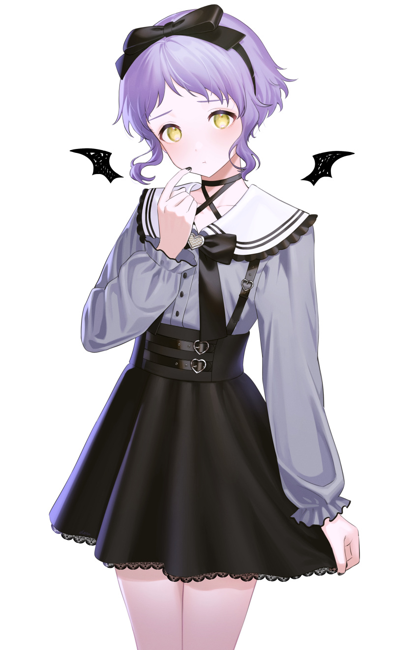 1girl absurdres black_bow black_bowtie black_choker black_ribbon black_shirt bow bowtie buttons choker commentary cowboy_shot demon_wings finger_to_cheek flat_chest frilled_sailor_collar frills gothic_lolita grey_shirt hair_ribbon hand_up highres idolmaster idolmaster_million_live! index_finger_raised lace-trimmed_skirt lace_trim light_blush lolita_fashion long_sleeves looking_at_viewer makabe_mizuki mimizubare pout purple_hair ribbon sailor_collar shirt short_hair sidelocks skirt solo suspender_skirt suspenders symbol-only_commentary thighs wavy_hair white_background white_sailor_collar wings yellow_eyes