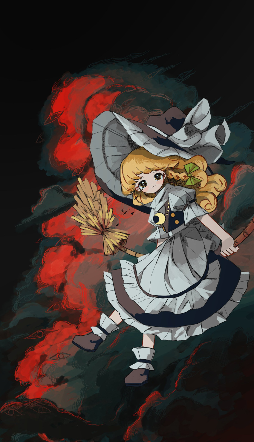 1girl absurdres apron black_footwear black_headwear black_skirt black_vest blonde_hair blush bow braid broom broom_riding buttons closed_mouth clouds commentary crescent frilled_skirt frills full_body gap_(touhou) green_bow hair_bow hat hat_bow highres holding holding_broom kirisame_marisa light_frown long_hair looking_at_viewer neruzou puffy_short_sleeves puffy_sleeves revision shirt shoes short_sleeves single_braid skirt skirt_set solo touhou vest waist_apron white_apron white_bow white_shirt witch witch_hat yellow_eyes