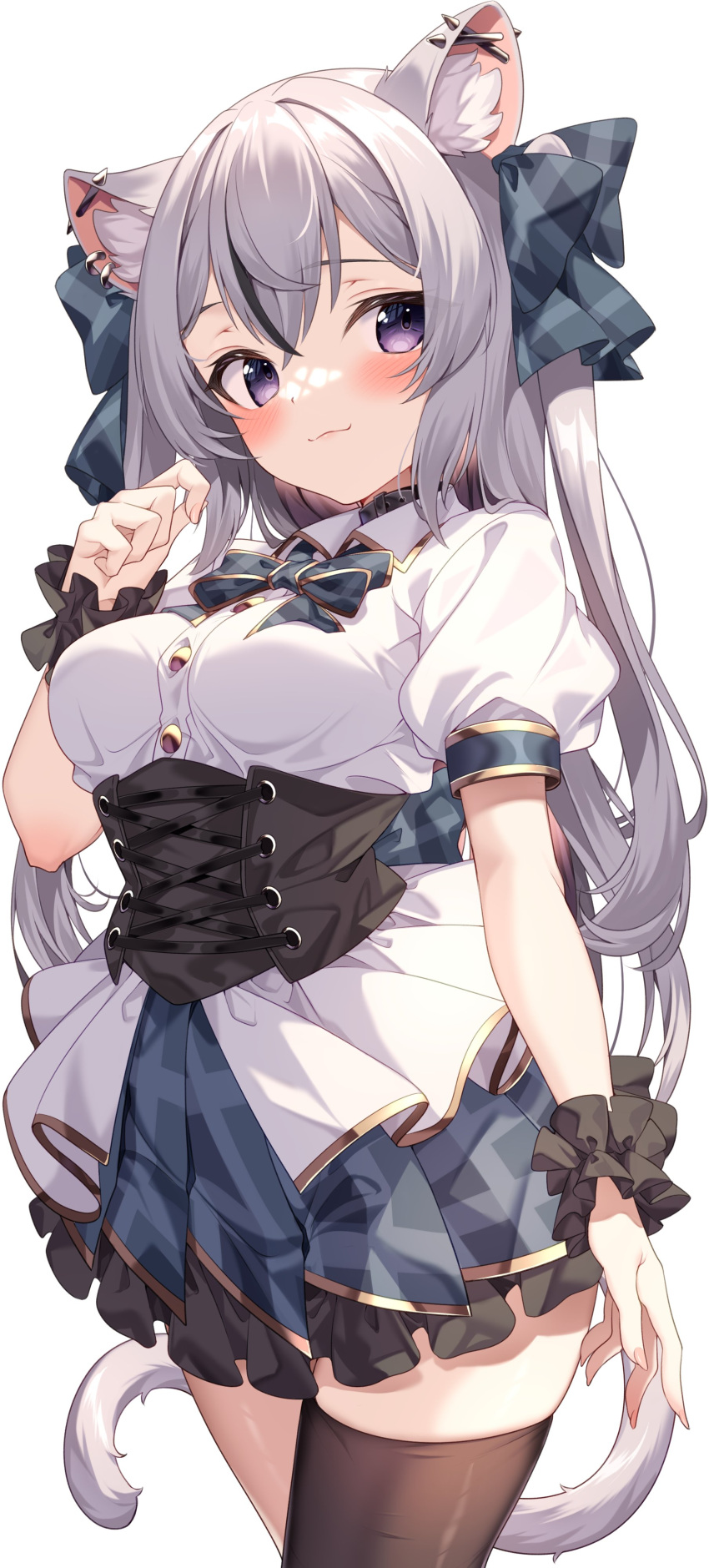 1girl absurdres animal_ear_fluff animal_ears black_collar black_thighhighs blue_skirt breasts cat_ears cat_girl cat_tail character_request collar copyright_request corset frilled_skirt frills grey_hair highres jun_(aousa0328) large_breasts long_hair looking_at_viewer miniskirt pleated_skirt puffy_short_sleeves puffy_sleeves shirt short_sleeves single_thighhigh skirt smile tail thigh-highs two_side_up violet_eyes white_shirt wrist_cuffs