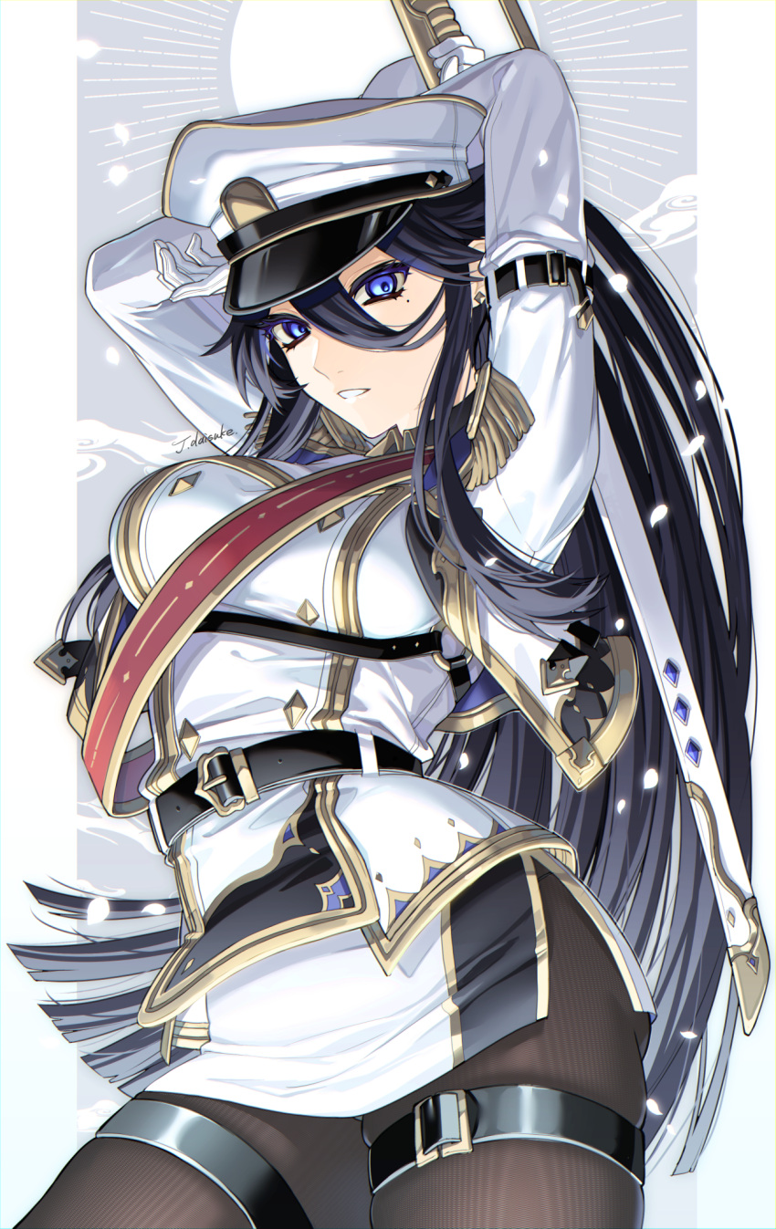 1girl arms_behind_head belt black_hair black_pantyhose blue_eyes breasts gloves hair_between_eyes hat highres holding holding_sword holding_weapon long_hair looking_at_viewer military_hat military_uniform mole mole_under_eye original pantyhose parted_lips sheath sheathed solo sword tatsuma_daisuke uniform weapon white_gloves