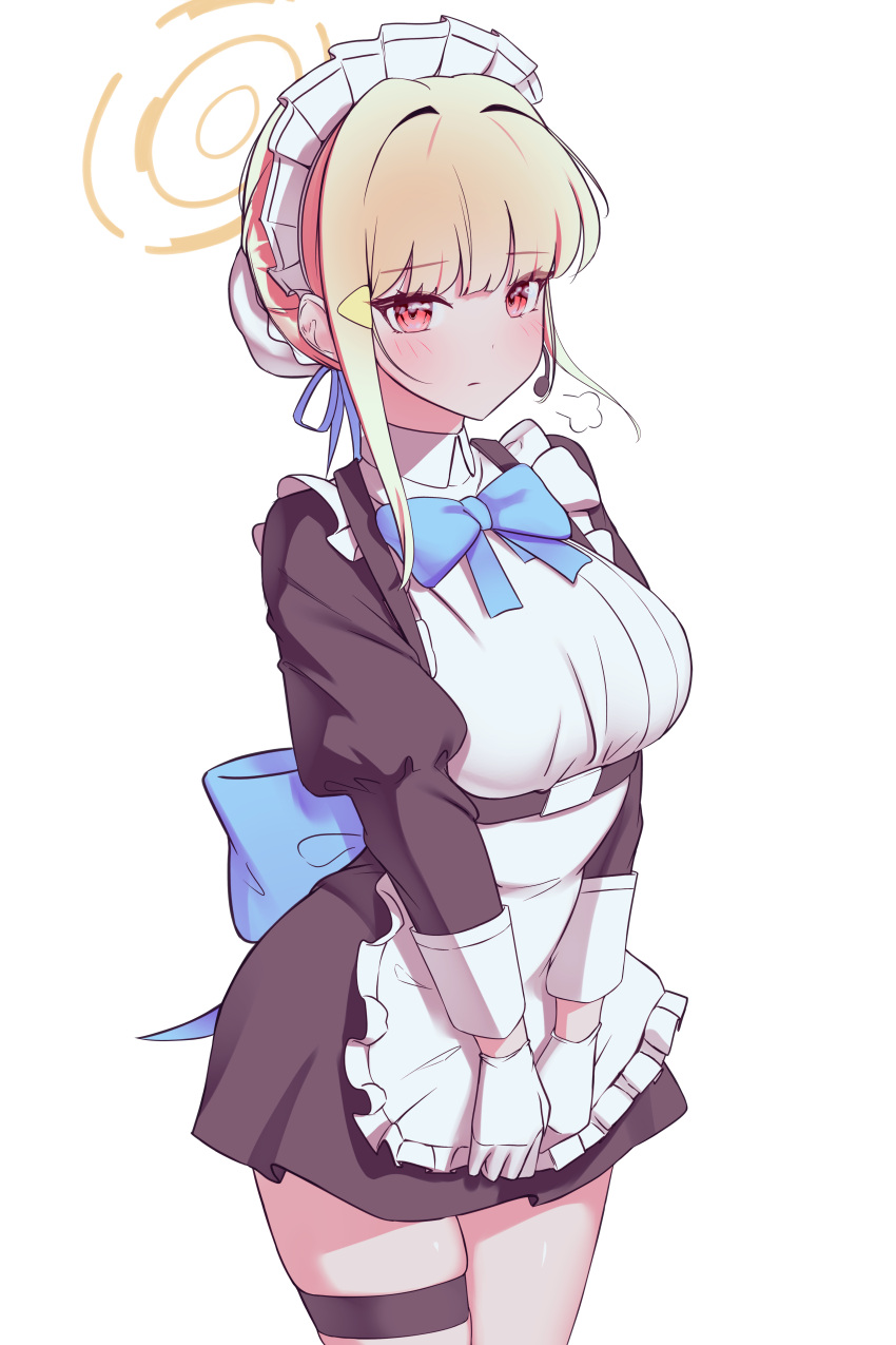 1girl absurdres apron black_dress blonde_hair blue_archive blue_bow blush bow breasts closed_mouth collared_dress commentary_request cosplay cowboy_shot dress earpiece frilled_apron frills gloves hair_bun halo highres jingburger juliet_sleeves korean_commentary large_breasts long_sleeves looking_at_viewer maid_apron puffy_sleeves red_eyes sigh simple_background solo sundance0218 thigh_strap toki_(blue_archive) toki_(blue_archive)_(cosplay) virtual_youtuber waktaverse white_apron white_background white_gloves