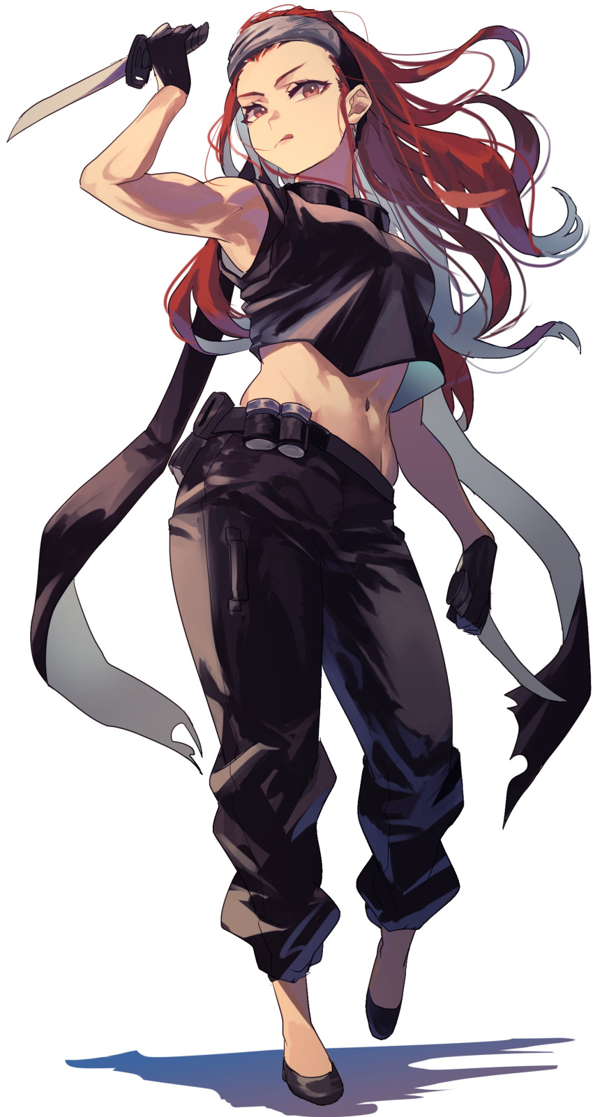1girl absurdres dual_wielding gloves headband highres holding knife long_scarf looking_at_viewer midriff original rasetsu001 red_eyes redhead scarf solo tank_top toned tongue tongue_out white_background