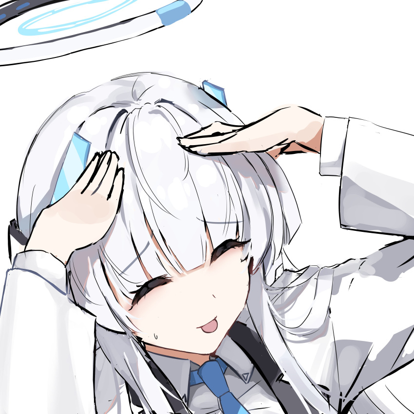 1girl ^_^ absurdres ah_eto..._bleh_(meme) arms_on_head arms_up blue_archive blue_necktie blunt_bangs closed_eyes collared_shirt commentary english_commentary halo headgear highres jacket long_hair long_sleeves meme necktie noa_(blue_archive) open_clothes open_jacket school_uniform shirt sidelocks simple_background solo sstthei tongue tongue_out violet_eyes white_background white_hair white_shirt