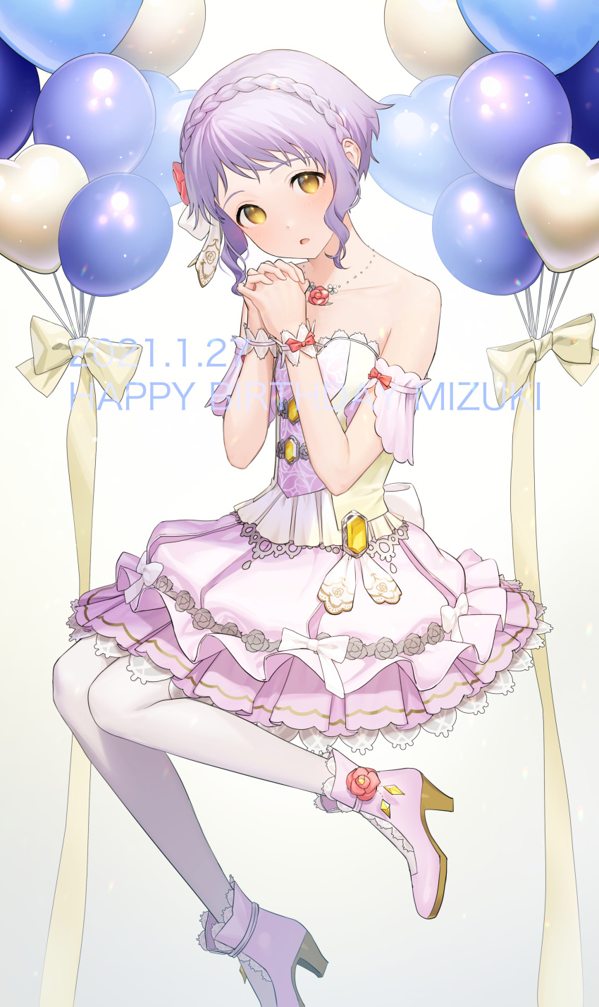 1girl absurdres back_bow balloon bare_shoulders bow braid brooch collarbone dated dress flat_chest flower frilled_skirt frills full_body hair_bow hair_flower hair_ornament hands_up happy_birthday heart_balloon high_heels highres idolmaster idolmaster_million_live! idolmaster_million_live!_theater_days interlocked_fingers jewelry light_blush looking_at_viewer makabe_mizuki mimizubare necklace official_alternate_costume pantyhose parted_lips pink_dress pink_footwear purple_hair red_flower red_rose rose short_hair sidelocks skirt solo strapless strapless_dress white_background white_bow white_pantyhose wrist_cuffs yellow_eyes