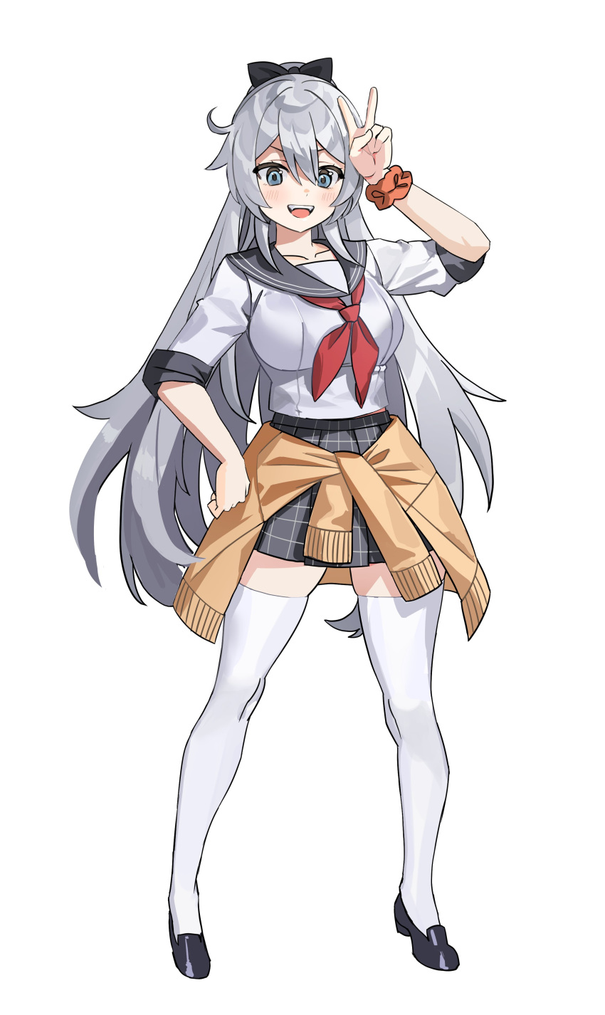 1girl absurdres black_footwear black_ribbon breasts brown_jacket character_request clothes_around_waist commentary_request full_body grey_eyes grey_hair grey_sailor_collar grey_skirt hair_ribbon highres honkai_(series) honkai_impact_3rd jacket jacket_around_waist large_breasts loafers long_hair long_sleeves looking_at_viewer neckerchief orange_wristband plaid plaid_skirt pleated_skirt q2_qee ribbon sailor_collar school_uniform serafuku shoes simple_background skirt solo teeth thigh-highs upper_teeth_only v very_long_hair white_background white_sleeves white_thighhighs wristband zettai_ryouiki