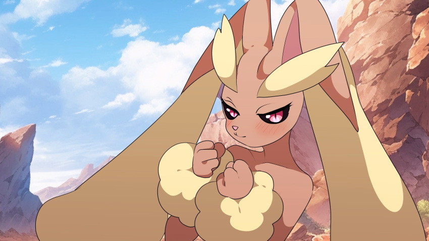 1girl :3 animal_ears animal_nose black_sclera blue_sky blush body_fur brown_fur clenched_hands closed_mouth clouds collarbone colored_sclera commentary_request day english_commentary furry furry_female grapeanime half-closed_eyes hands_up highres looking_at_viewer lopunny mixed-language_commentary outdoors partial_commentary pointy_ears pokemon pokemon_(creature) rabbit_ears rabbit_girl red_eyes sky solo two-tone_fur upper_body yellow_fur