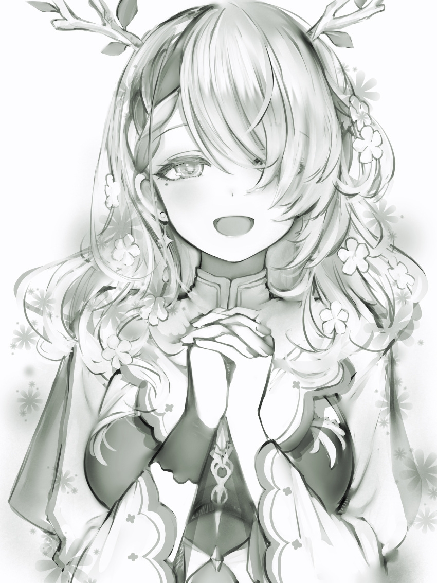 1girl :d absurdres antlers braid braided_bangs breasts ceres_fauna ceres_fauna_(1st_costume) earrings flower greyscale hair_flower hair_ornament hair_over_one_eye happy highres hololive hololive_english interlocked_fingers jewelry large_breasts long_hair long_sleeves looking_at_viewer mole mole_under_eye monochrome nanashi_(nlo) open_mouth own_hands_together simple_background smile solo straight-on upper_body virtual_youtuber wide_sleeves