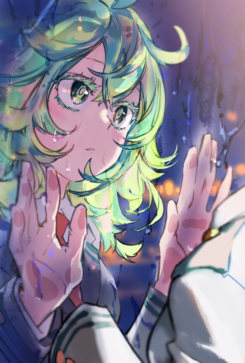 1girl against_window ahoge akiyama_youkou blurry blurry_background blush boku_no_hero_academia collared_shirt colored_eyelashes commentary_request condensation crossed_bangs different_reflection eyelashes green_eyes green_hair grey_jacket hagakure_tooru hair_between_eyes hand_on_window hands_up highres indoors invisible jacket lapels long_hair long_sleeves necktie night parted_lips red_necktie reflection school_uniform shirt sidelocks solo u.a._school_uniform unusually_visible upper_body white_shirt window window_fog