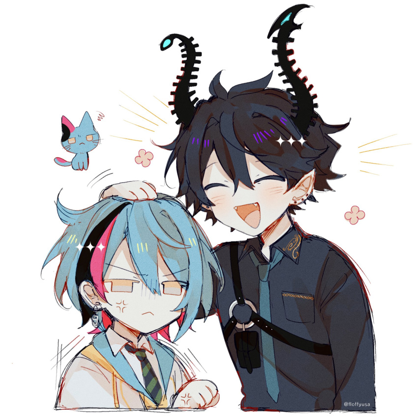2boys :&lt; :d ^_^ anger_vein angry animalization artist_name black_hair black_horns black_shirt blue_hair blue_necktie blush breast_pocket cat closed_eyes closed_mouth collared_shirt commentary cropped_torso diagonal-striped_necktie drawstring dress_shirt earrings english_commentary fangs floffyusa flower_(symbol) frown hair_between_eyes hand_on_another's_head hand_up highres hood hood_down hoodie horns jacket jewelry kyo_kaneko long_sleeves male_focus medium_hair multicolored_hair multiple_boys multiple_earrings necktie nijisanji nijisanji_en notice_lines o-ring open_mouth pink_hair pocket pointy_ears ren_zotto shirt sidelocks simple_background single_earring smile streaked_hair striped_necktie stud_earrings twitter_username upper_body v-shaped_eyebrows virtual_youtuber white_background white_jacket white_shirt wing_collar yellow_eyes