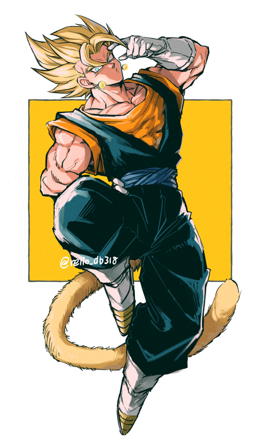 1boy absurdres arm_up artist_name biceps blonde_hair blue_eyes blue_pants blue_sash boots closed_mouth collarbone dougi dragon_ball dragon_ball_z earrings full_body gloves hand_on_own_hip highres jewelry leg_up looking_at_viewer male_focus monkey_tail muscular muscular_male orange_shirt pants pectorals potara_earrings relio_db318 sash shirt short_sleeves simple_background solo spiky_hair super_saiyan super_saiyan_1 tail twitter_username two-tone_background v-shaped_eyebrows vegetto veins white_background white_footwear white_gloves yellow_background