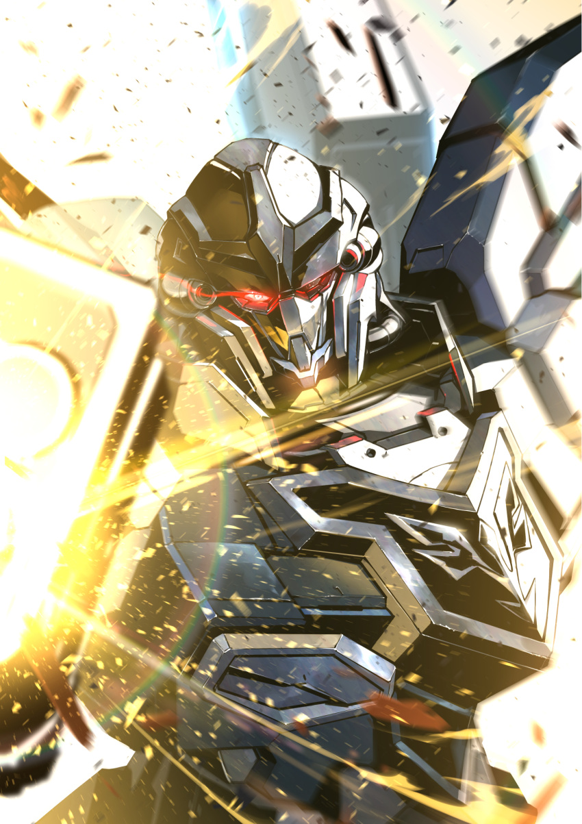 aiming aiming_at_viewer commentary_request debris energy_weapon eye_trail glowing glowing_eye gun gundam gundam_unicorn highres holding holding_gun holding_weapon kuri_giepi light_trail looking_at_viewer mecha mobile_suit no_humans red_eyes robot science_fiction sinanju_stein solo upper_body weapon white_background