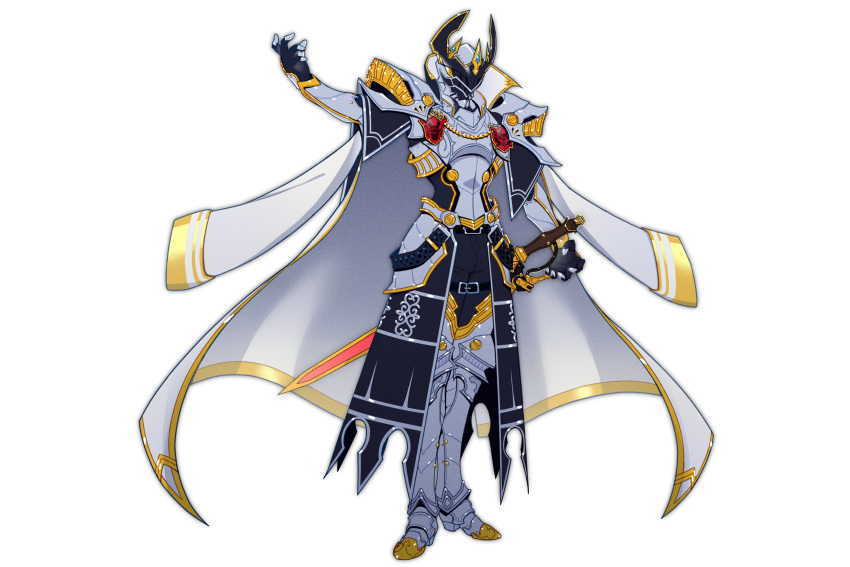absurdres armor breastplate cape capelet character_request coat coat_on_shoulders gauntlets gloves greaves helmet highres king knight ohgercalibur_zero ohkuwagata_ohger ohsama_sentai_king-ohger rcules_husty silver_bodysuit super_sentai sword tongzhen_ganfan weapon white_cape white_coat