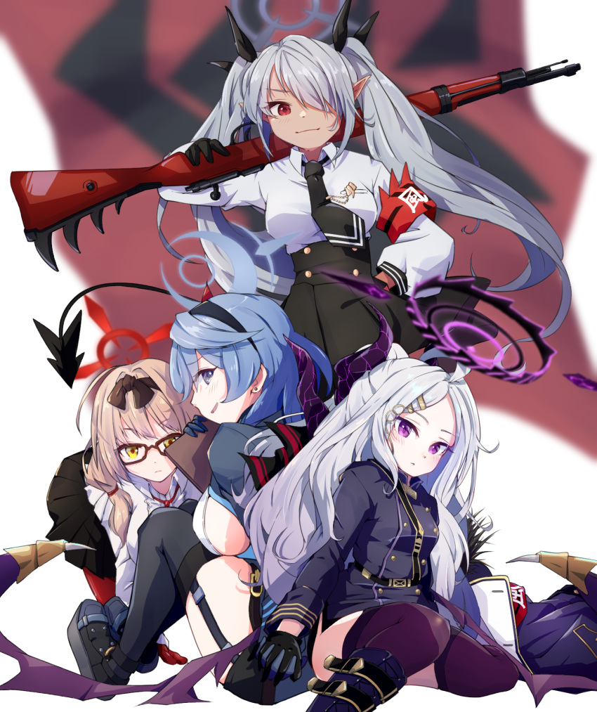 4girls ahoge ako_(blue_archive) all_fours armband back-to-back belt black_coat black_gloves black_skirt black_thighhighs blue_archive blue_eyes blue_hair bolt_action boots bow breasts brown_hair chinatsu_(blue_archive) coat coat_on_shoulders collared_shirt commentary_request dark-skinned_female dark_skin demon_girl demon_horns demon_tail demon_wings flag fur-trimmed_coat fur_trim glasses gloves grey_hair gun hair_between_eyes hair_bow hair_ornament hair_over_one_eye hair_ribbon hairband hairclip halo hand_on_own_hip high-waist_skirt highres hina_(blue_archive) holding holding_gun holding_weapon horns iori_(blue_archive) knee_boots knees_up long_bangs long_hair long_sleeves looking_at_viewer mauser_98 military_uniform mosuke1221 multiple_girls open_clothes open_coat over_shoulder pantyhose parted_bangs pencil_skirt pleated_skirt pointy_ears ponytail prefect_team_(blue_archive) red_eyes red_pantyhose ribbon rifle sam_browne_belt school_uniform shirt side_slit sideboob sidelocks sitting skirt standing tail thigh-highs thigh_strap twintails uniform violet_eyes wariza wavy_hair weapon weapon_over_shoulder white_background white_hair white_shirt wings yellow_eyes