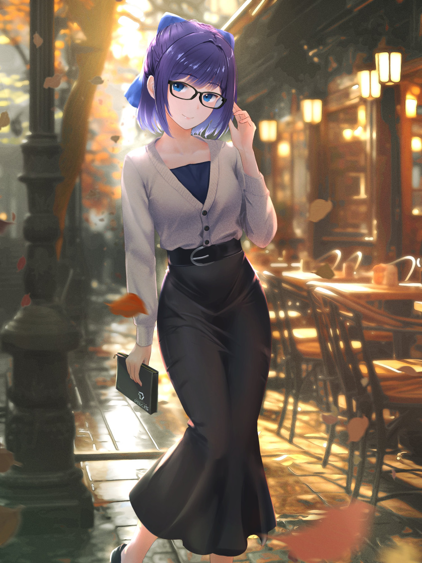 1girl a-chan_(hololive) absurdres alternate_costume autumn bag belt black-framed_eyewear black_belt black_footwear black_skirt blue_bow blue_eyes blue_hair blue_shirt bow breasts cafe cardigan chair closed_mouth cohi27151463 commentary day falling_leaves feet_out_of_frame glasses grey_cardigan hair_bow hair_intakes handbag highres holding holding_bag hololive lantern leaf long_skirt long_sleeves looking_at_viewer outdoors pencil_skirt shirt short_hair skirt small_breasts smile solo standing table virtual_youtuber