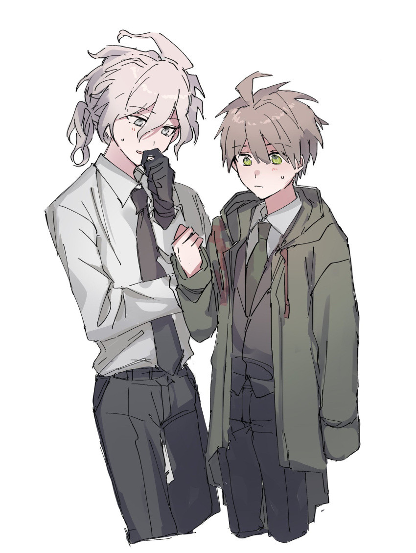 2boys aemono_(lemolemo_lmn) ahoge black_gloves black_jacket black_necktie black_pants borrowed_clothes cropped_legs danganronpa:_trigger_happy_havoc danganronpa_(series) danganronpa_2:_goodbye_despair formal gloves green_eyes green_jacket green_necktie grey_background grey_hair hair_between_eyes hand_up highres hood hood_down hooded_jacket jacket komaeda_nagito long_sleeves multiple_boys naegi_makoto necktie pants short_hair simple_background sweatdrop