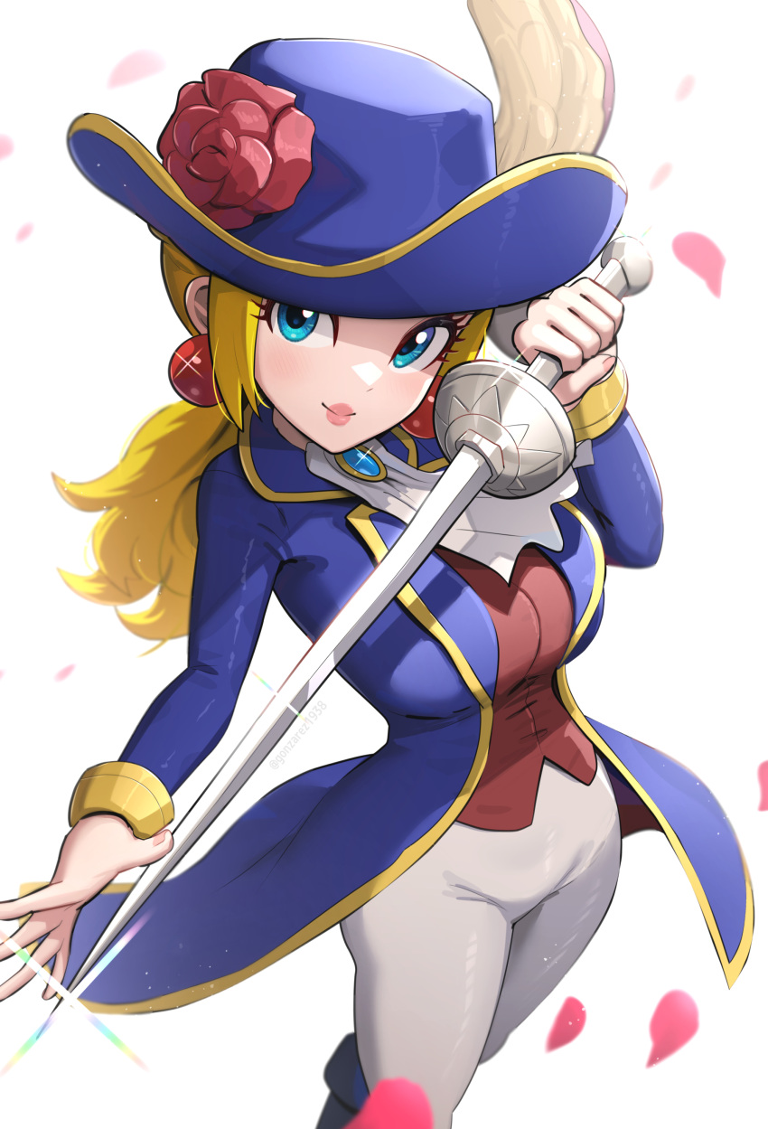 1girl absurdres ascot blonde_hair blue_eyes blue_jacket closed_mouth earrings fingernails gonzarez grey_pants hat hat_feather highres holding holding_sword holding_weapon jacket jewelry lips long_hair long_sleeves open_clothes open_jacket pants petals pink_lips ponytail princess_peach princess_peach:_showtime! simple_background smile solo super_mario_bros. sword swordfighter_peach weapon white_ascot white_background white_pants