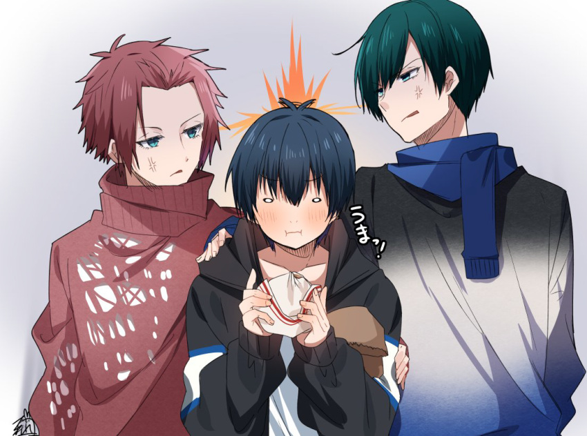 3boys :i afterimage antenna_hair baozi black_hair black_jacket black_shirt blue_eyes blue_lock blue_scarf blush brown_hair brown_sweater character_request closed_mouth collarbone eating expressive_hair food forehead fringe_trim gradient_background green_eyes green_hair grey_background grey_shirt hair_between_eyes holding holding_food hood hood_down hooded_jacket isagi_yoichi itoshi_rin jacket long_sleeves male_focus multiple_boys omuretsu open_clothes open_jacket parted_bangs puffy_long_sleeves puffy_sleeves scarf shirt signature sleeves_past_wrists sweater turtleneck turtleneck_sweater upper_body white_background white_shirt