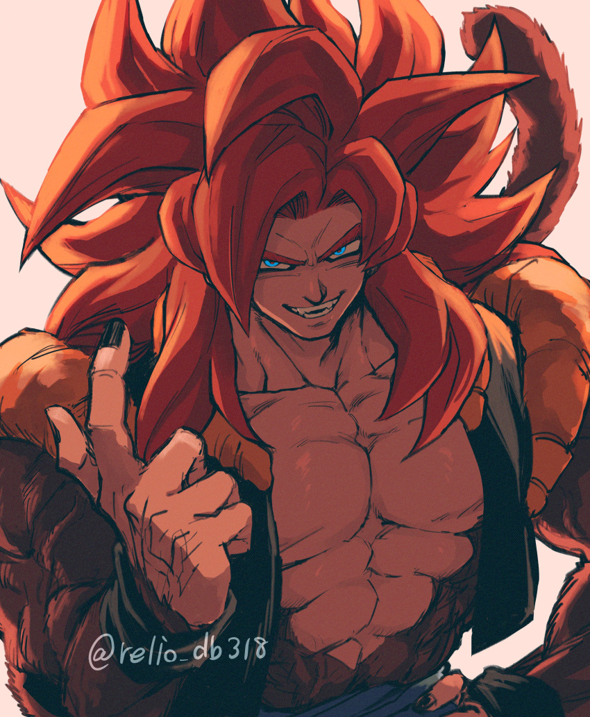 1boy absurdres artist_name beckoning black_nails black_vest black_wristband blue_eyes blue_sash body_fur brown_fur come_at_me_bro dragon_ball dragon_ball_gt fangs fingernails gogeta grin hand_on_own_hip highres long_hair looking_at_viewer male_focus metamoran_vest monkey_tail open_clothes open_vest pectorals pink_background redhead relio_db318 sash simple_background smile solo spiky_hair super_saiyan super_saiyan_4 tail teeth twitter_username upper_body v-shaped_eyebrows vest wristband