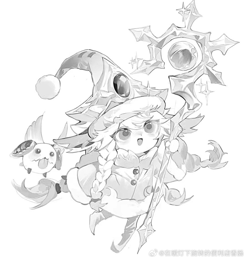 1girl :d animal_ears artist_name braid coat eteru full_body fur-trimmed_coat fur_trim greyscale hat holding holding_wand league_of_legends long_hair lulu_(league_of_legends) monochrome official_alternate_costume open_mouth poro_(league_of_legends) simple_background smile solo sparkle twin_braids wand white_background winter_wonder_lulu yordle