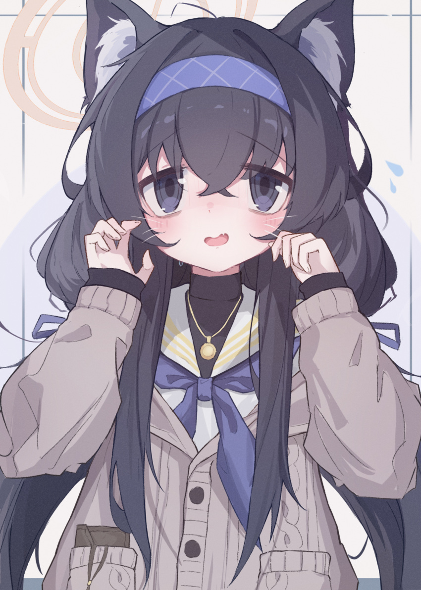 1girl animal_ears black_eyes black_hair blue_archive blue_hairband blue_neckerchief cardigan cat_ears commentary grey_cardigan hair_between_eyes hairband halo highres jewelry long_hair long_sleeves looking_at_viewer nalphanne neckerchief necklace open_mouth sailor_collar school_uniform serafuku smile solo ui_(blue_archive) white_sailor_collar