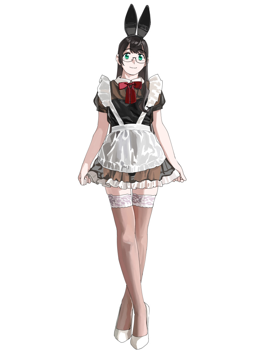 1girl absurdres alternate_costume animal_ears apron black_dress black_hair brown_thighhighs crossed_legs dress enmaided fake_animal_ears frilled_apron frills full_body glasses green_eyes highres kantai_collection long_hair looking_at_viewer maid ojipon ooyodo_(kancolle) rabbit_ears red_ribbon ribbon semi-rimless_eyewear simple_background skirt_hold solo thigh-highs under-rim_eyewear watson_cross white_apron white_background