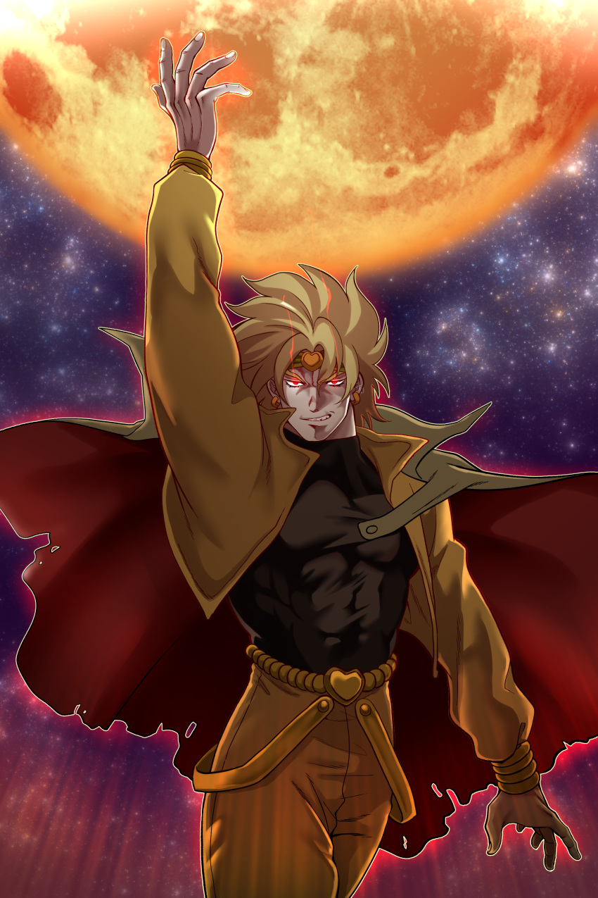 1boy abs absurdres arm_up blonde_hair cape commentary_request dio_brando evil_smile full_moon glowing glowing_eyes headband heart highres jacket jojo_no_kimyou_na_bouken male_focus moon mugicha_(zoro1132) muscular muscular_male red_eyes sky smile solo star_(sky) stardust_crusaders stardust_crusaders_(ova) starry_sky yellow_cape yellow_jacket