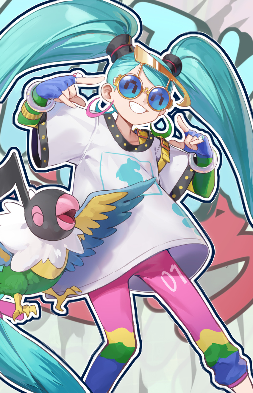1girl ^_^ absurdres bird blue_gloves capri_pants chatot closed_eyes commentary_request crossover fingerless_gloves gloves green_hair grin hands_up happy hatsune_miku highres jewelry long_hair outline pants pink_pants pokemon pokemon_(creature) project_voltage ring shirt short_sleeves smile soeyumi sunglasses teeth twintails vocaloid white_shirt